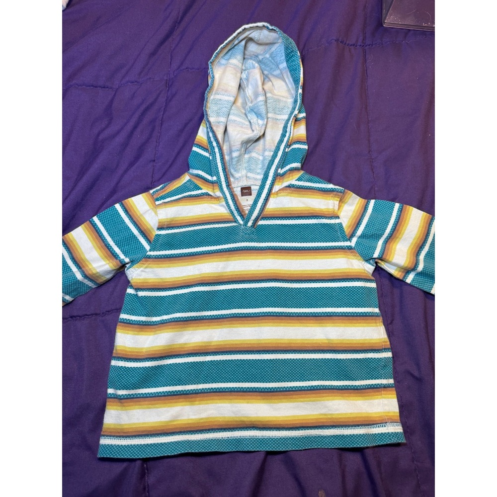 Tea Collection Boys Striped Cotton Pullover Hoodie Blue Yellow Size 2